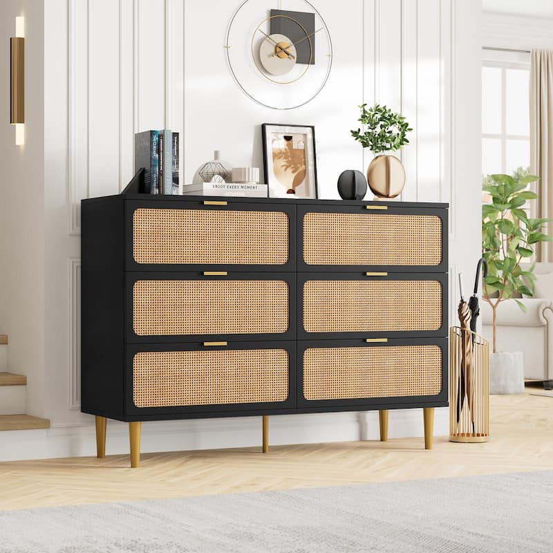 Rattan 6 Drawer Dresser for Bedroom, Large Double Dresser with Deep Drawers, Wooden Chest of Drawers for Closet with Wide Top
