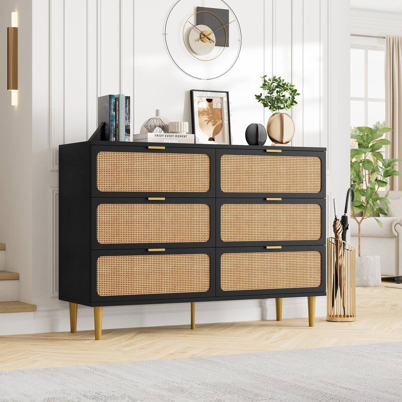 Rattan 6 Drawer Dresser for Bedroom, Large Double Dresser with Deep Drawers