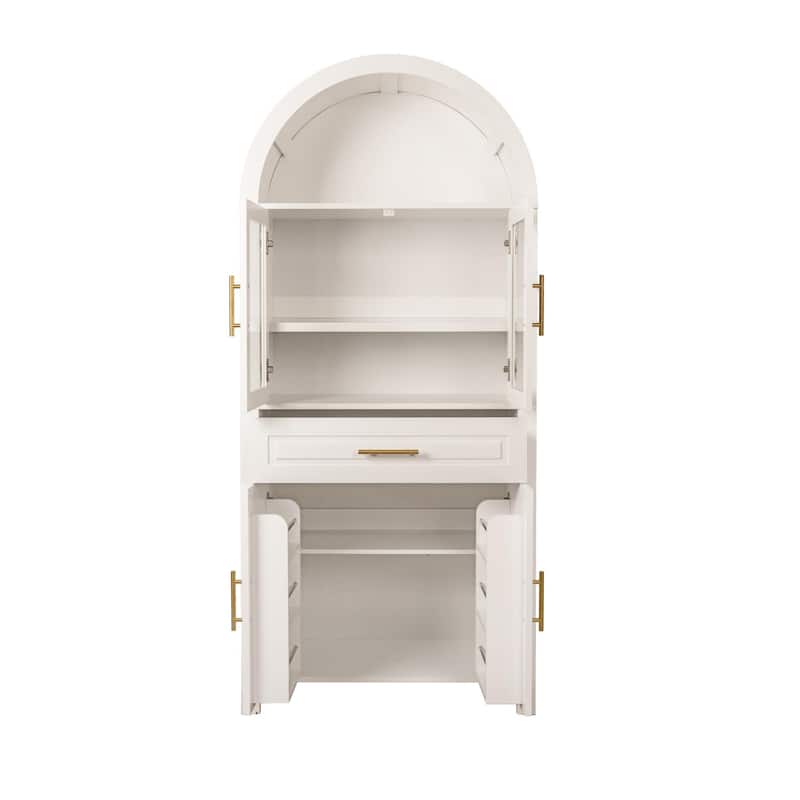 Arched Kitchen Pantry Cabinet with Glass Door, Farmhouse 71" Storage Cabinet with Adjustable Shelves & Barn Door Design