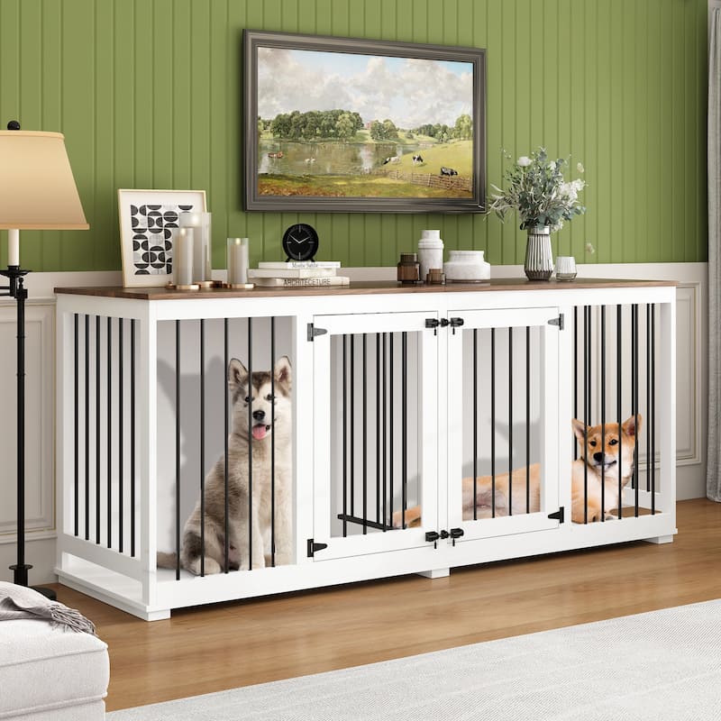 70.9" Large Double Wooden Dog Crate Furniture, Kennel with Dividers