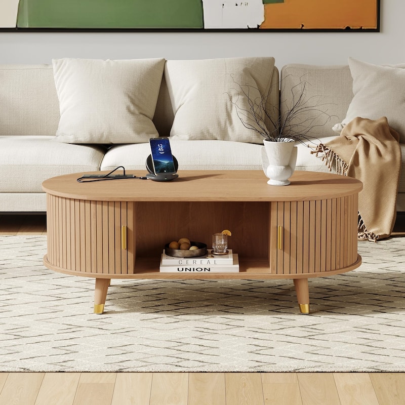 Roomfitters Mid-Century Coffee Table, Wooden Oval Fluted Center Table with Charging Station and Sliding Tambour Doors, Natural - Natural
