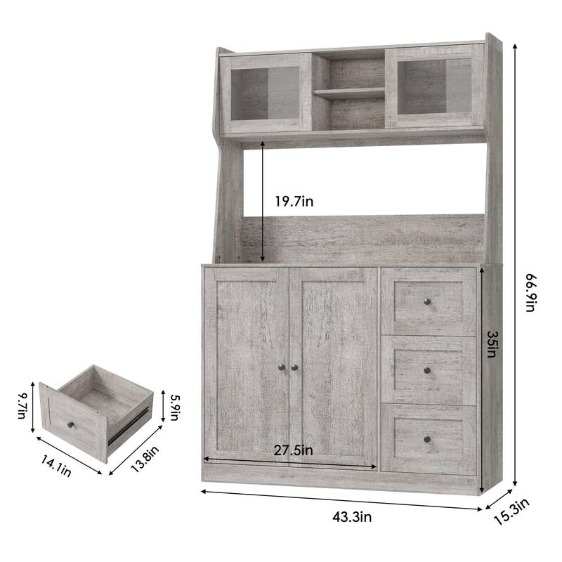 67" Tall Kitchen Hutch Storage Cabinet, Farmhosue Coffee Bar Cabinet with 3 Drawers