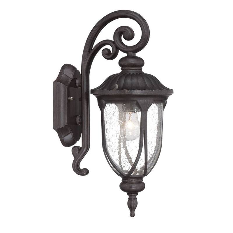 Aluminum Outdoor Wall Sconce with Seeded Glass Hardwired, LED - 9”x 6.75” x 16.5” (D x W x H) - Black