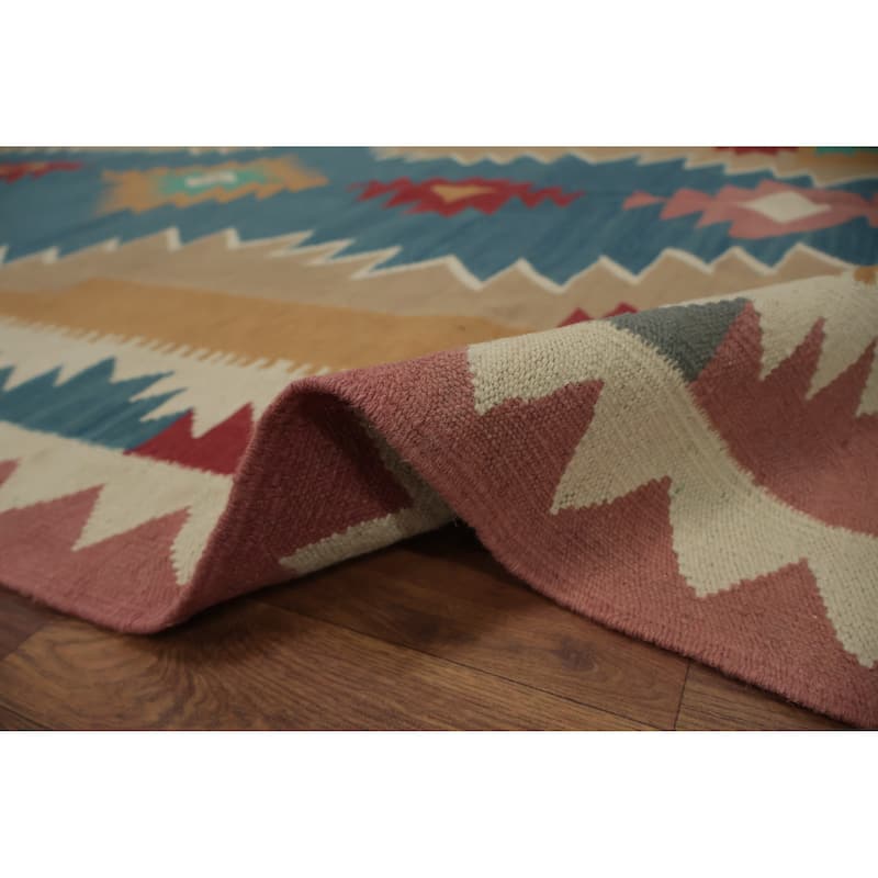 Hand Woven Oriental 100% Wool Carpet Southwestern Tribal Multi-Colored Kilim Runner Rug - 14' 7'' X 4' 11''