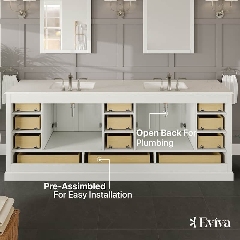 Eviva Storehouse 84"W x 22"D White Bathroom Vanity with White Carrara Quartz Countertop and Undermount Porcelain Sink - 84