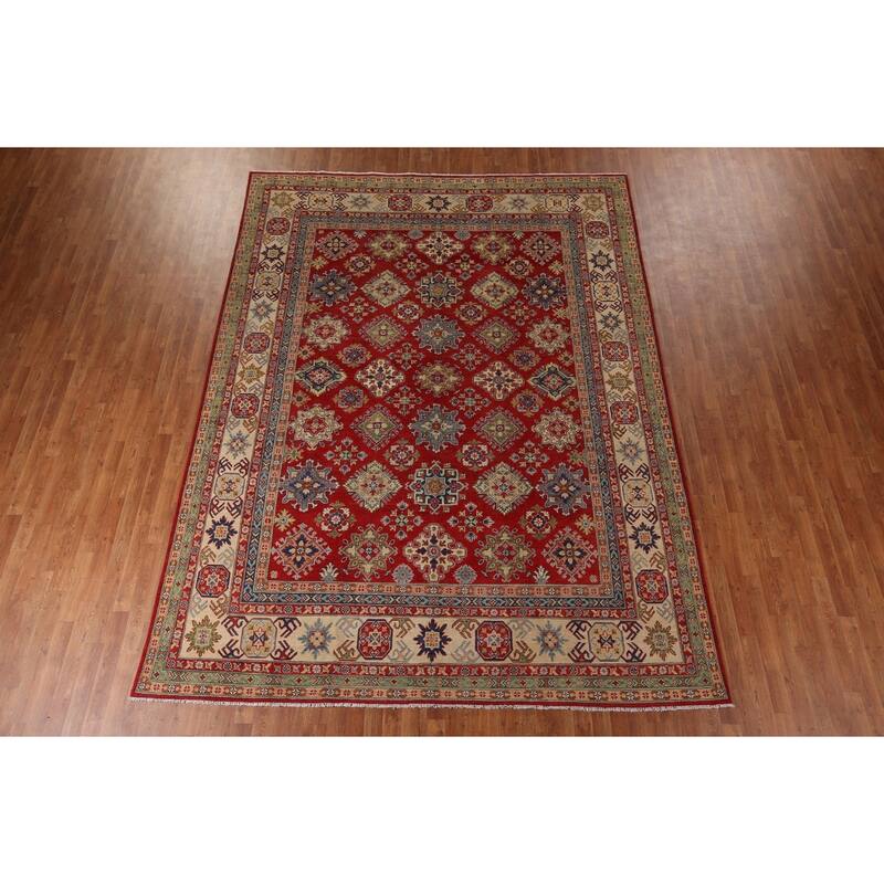 Geometric Red Kazak Area Rug Hand-Knotted Wool Carpet - 8'11" x 11'10"