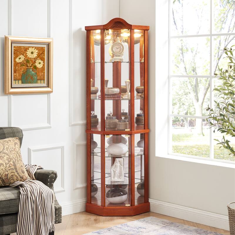 Corner Decoration Display Cabinet with Light, Adjustable Glass Shelves & Door
