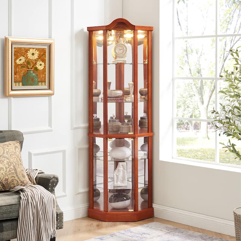 Roomfitters Wooden Corner Display Curio Cabinet, Lighted China Cabinet with Tempered Glass Door