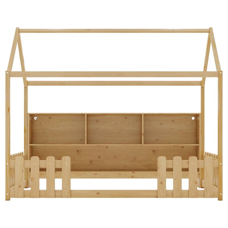 Twin Size Wood House Bed with LED Light and Storage Bookshelf, Floor House Bed with Guardrails