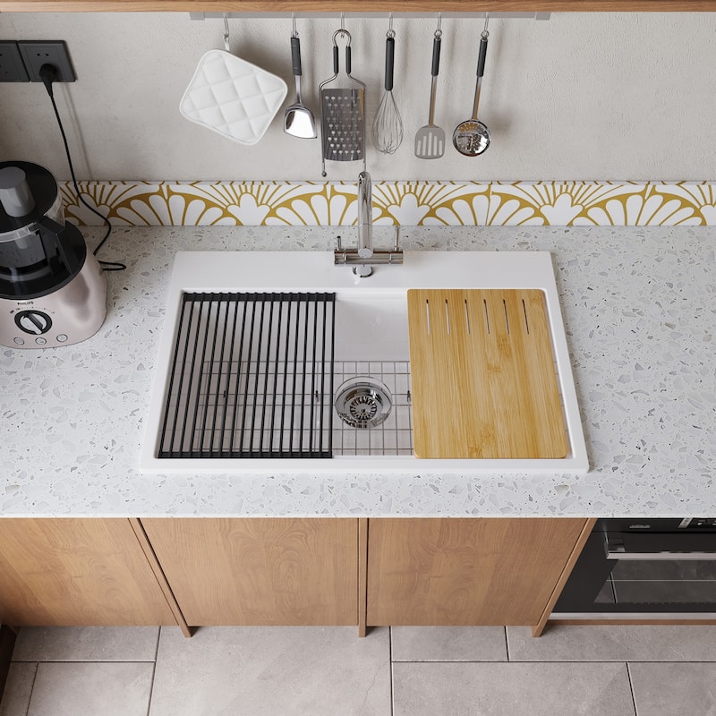 33 in. Drop-In Single Bowl Fireclay Workstation Kitchen Sink with Drying Rack & Cutting Board - Includes Accessories