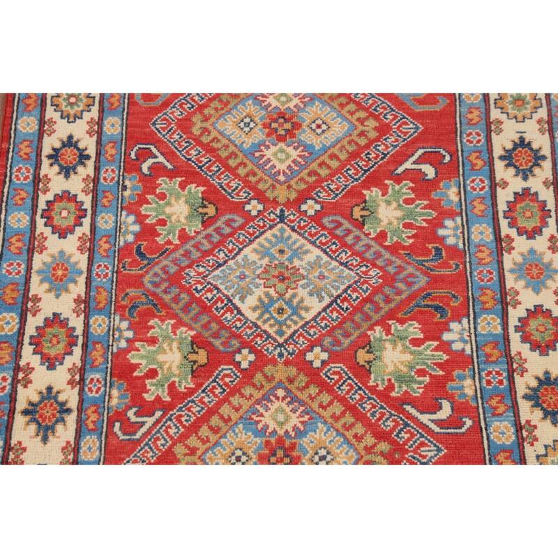 Geometric Orange Kazak Accent Rug Hand-Knotted Wool Carpet - 3'0" x 4'11"