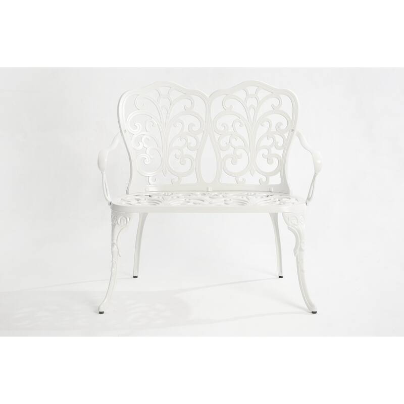 Patio Garden Bench Metal Park Bench Cast Aluminum Outdoor Furniture With Floral Rose For Patio (Excluding the table)