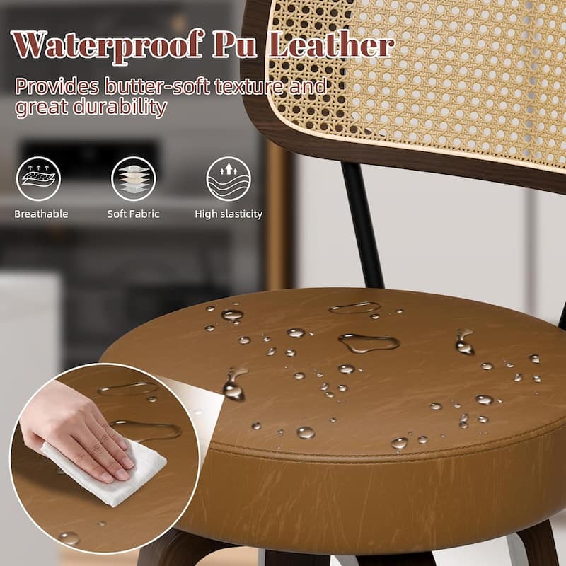 XINMICS 26 Inches Swivel Counter Height Bar Stools with PE Rattan Back, Faux Leather Upholstered Bar Chairs, Set of 2/3/4