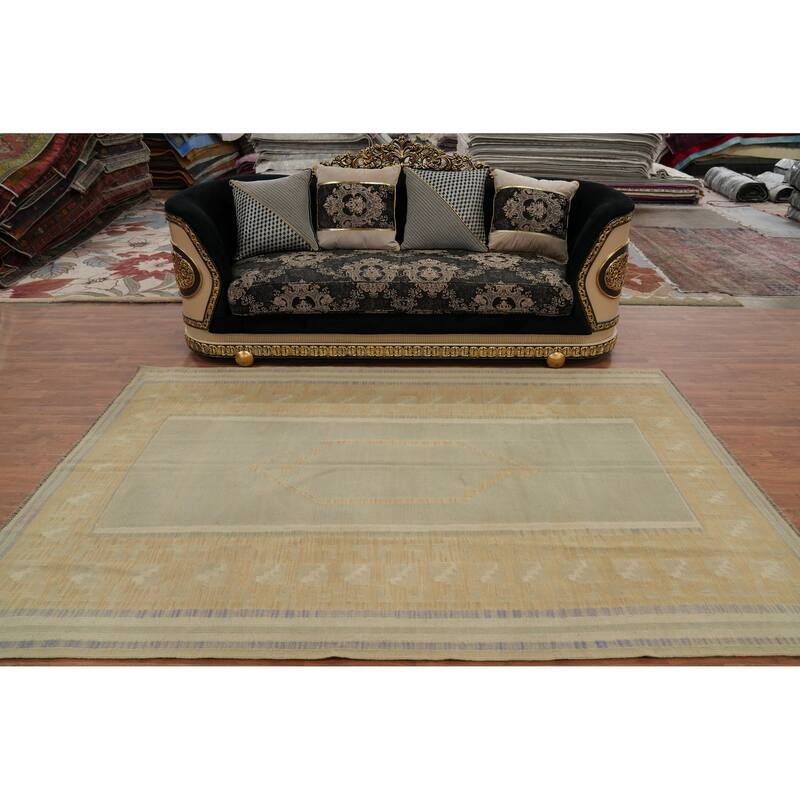 Hand Woven Oriental 100% Wool Carpet Southwestern Tribal Beige & Ivories Kilim Area Rug - 9' 2'' X 6' 0''