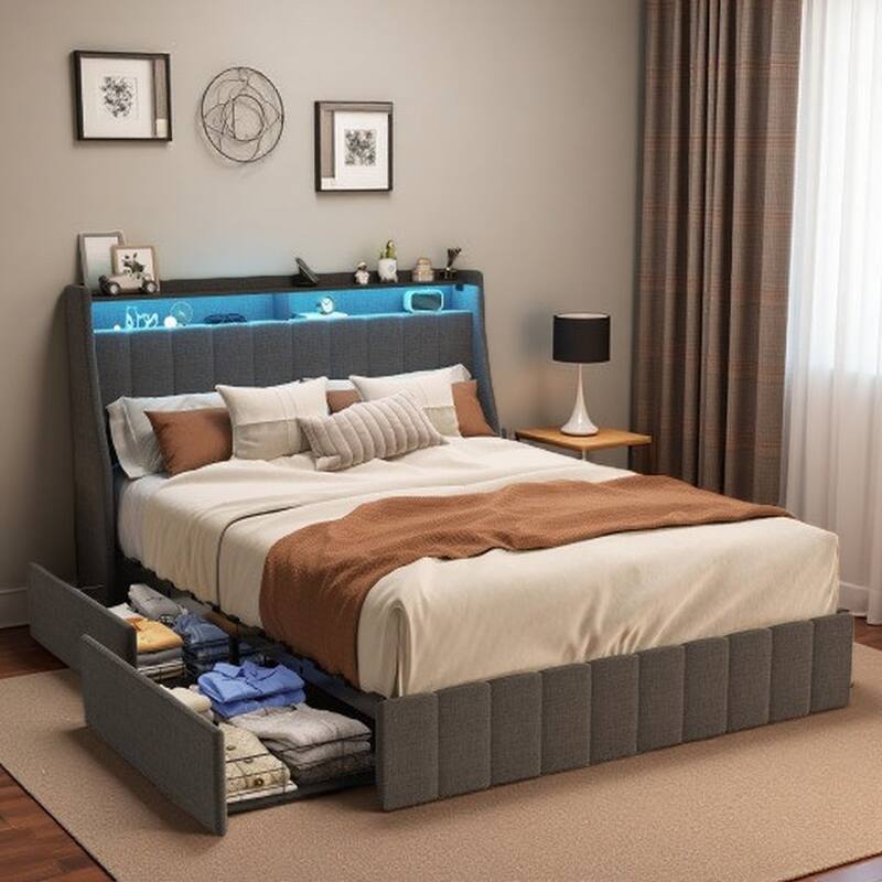 Queen Upholstered Bed with RGB LED Lights, Wingback Headboard, 4 Rolling Storage Drawers, Shelves, and Heavy-Duty Steel Frame - Full DARK GREY - Full