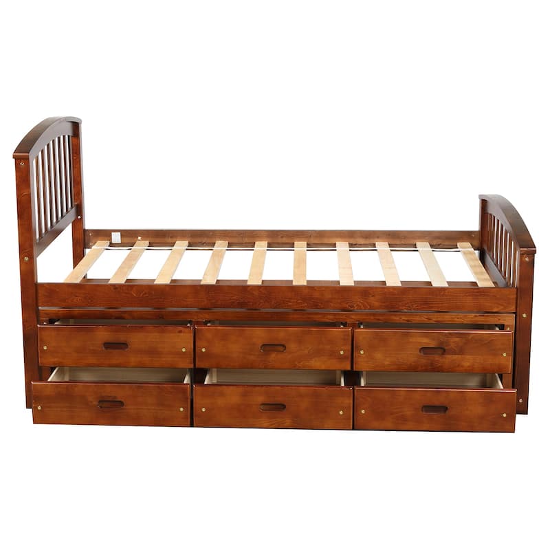Twin Size Platform Captains Storage Bed Solid Wood Daybed with 6 Drawers Bookcase Bed Low Profile Bed Panel Bed