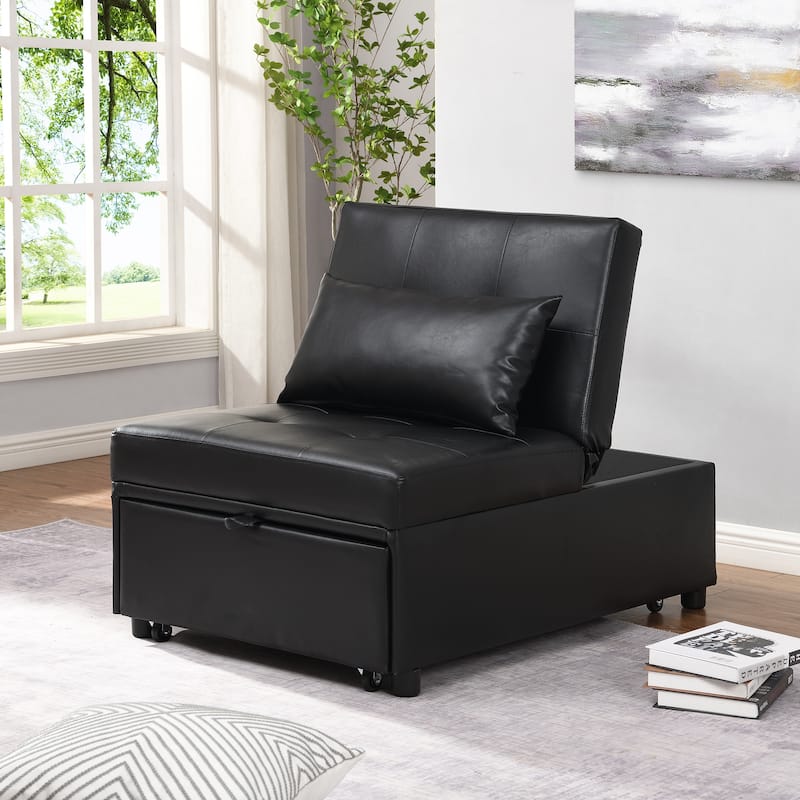 Black 39.8" Folding Ottoman Sofa Bed with Adjustable Back, Pillows for Living Room - Black