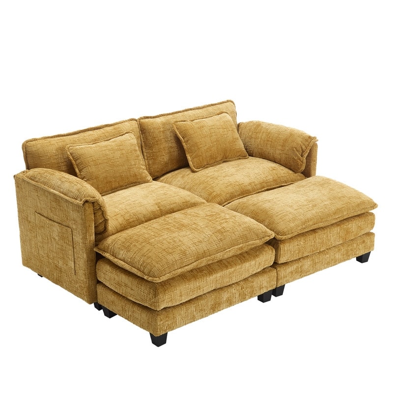 76.77" Chenille Upholstered Sofa with 2 Ottomans
