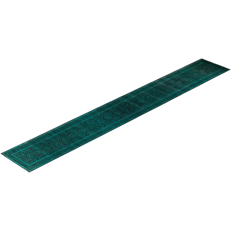 Overton Hand Knotted Wool Vintage Inspired Modern Contemporary Overdyed Green Runner Rug - 2' 7" x 19' 3"