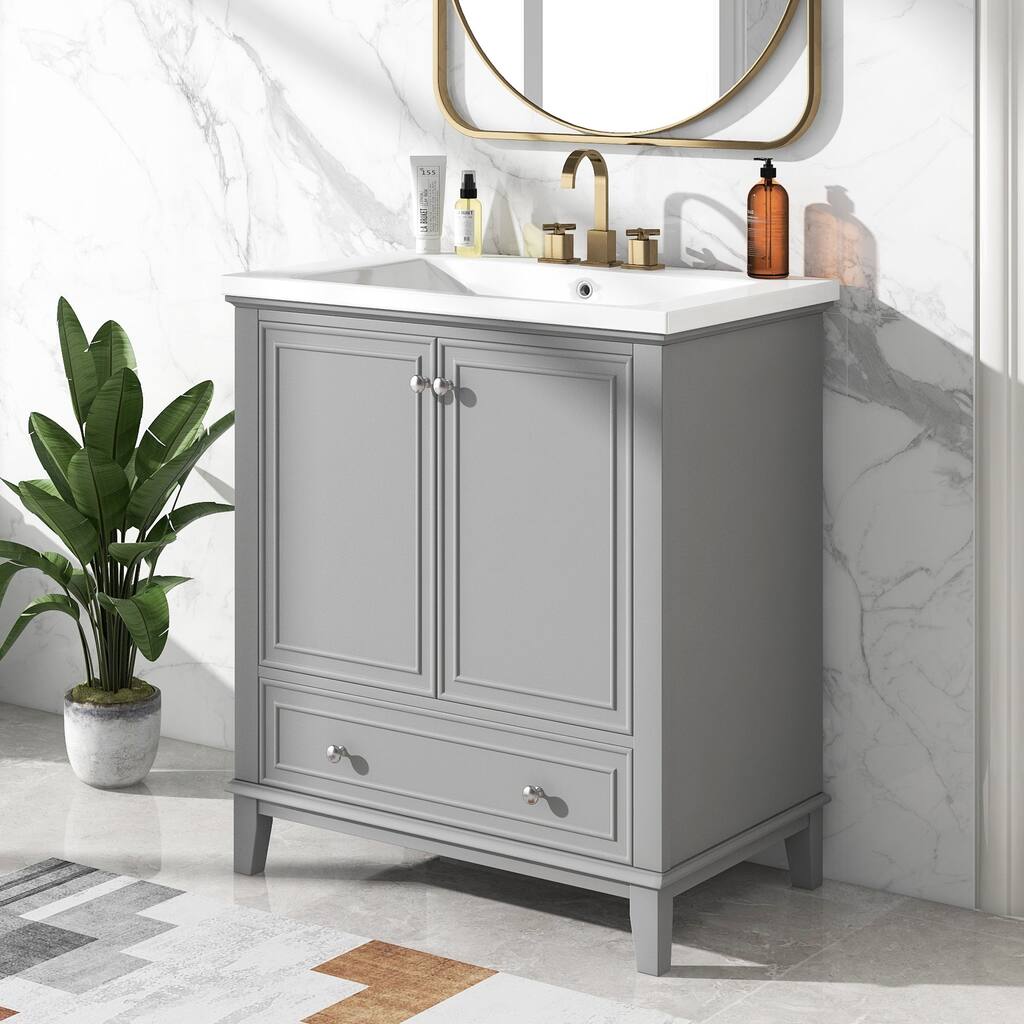 34.8" Tall Solid Wood with MDF 2-Door Freestanding in Grey with Ceramic Basin - 30"x18"
