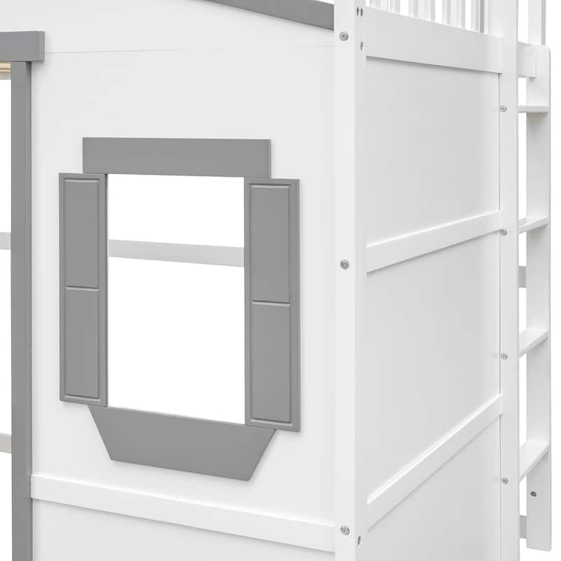 White+Gray Full Size Solid Wood House Loft Bed with Ladder for Kids