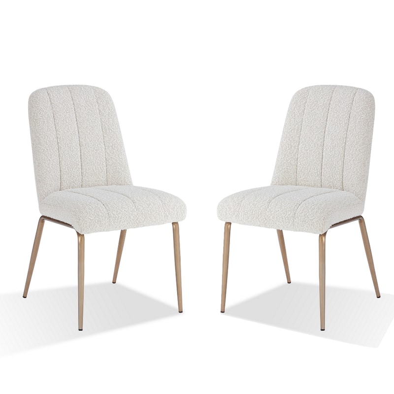 Rise 19 Inch Dining Chairs, Soft Boucle Upholstery, Set of 2, White, Bronze