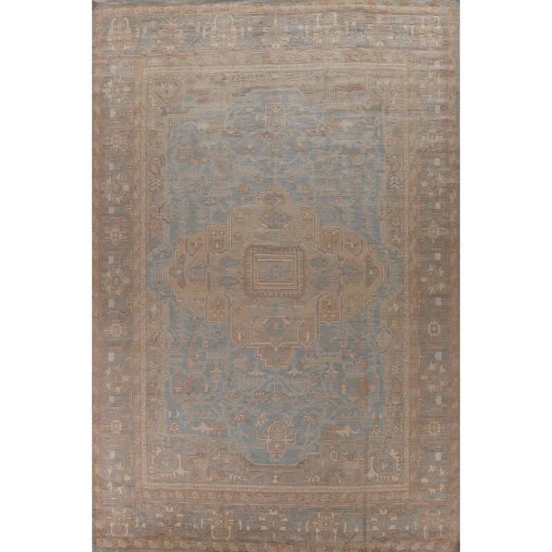 Vegetable Dye Oushak Turkish Rug Blue Handmade Bedroom Wool Carpet - 10'4" x 13'11"