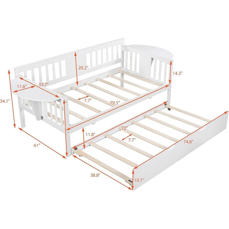 Wooden Daybed with Trundle Bed & Slatted Support, Dual-Use Sturdy Sofa Bed for Bedroom or Living Room