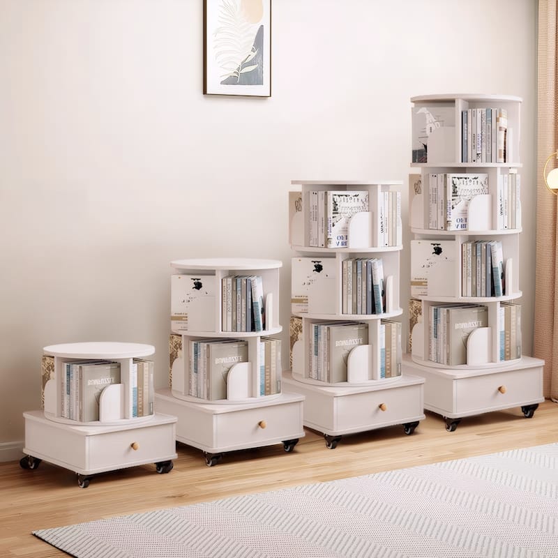 Rotating Bookshelf with Drawer,360 Display 5 Tier Bookshelf,Floor Standing Bookcase Storage Rack,Narrow Book Shelf Organizer