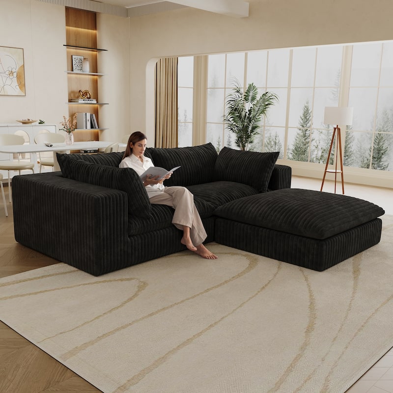 Corduroy Loveseat & Ottoman Set, L-shaped Sectional Sofa with Double-layer Seat Cushions, Modular Chaise Lounger Couch