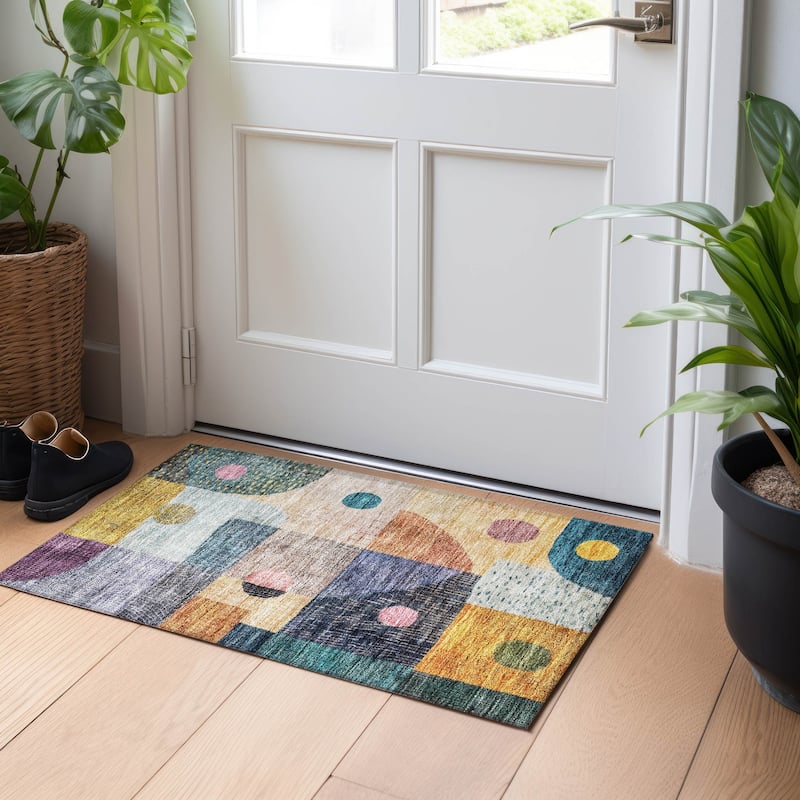 Machine Washable Indoor/ Outdoor Contemporary Geo Chantille Rug - Green - 1'8" x 2'6"