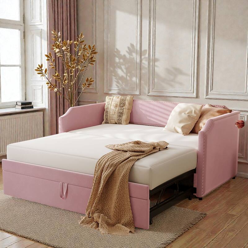 Twin Size Velvet Upholstered Daybed with Pop Up Trundle, 2-in-1 Sofa Bed for Guest Room or Kids Room