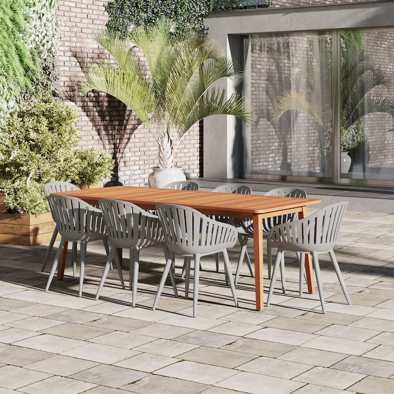 Amazonia FSC Wood Outdoor Patio Jenther Dining Set - 9pc - Grey Aluminum Armchairs