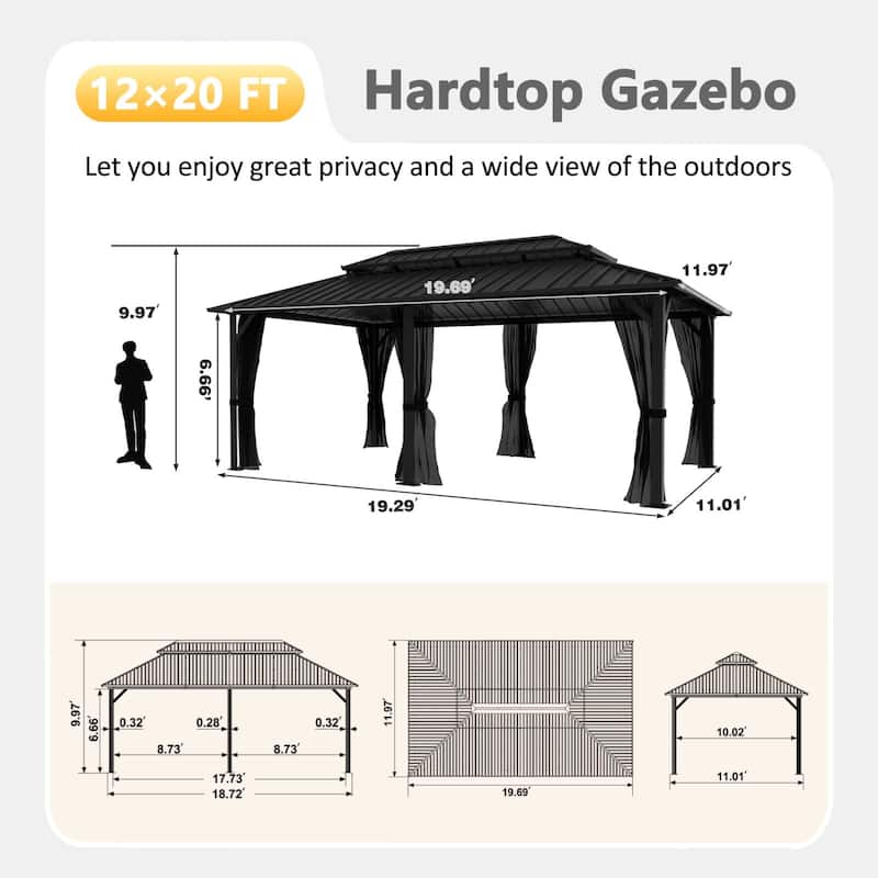VEIKOUS Aluminum Double Hardtop Gazebo Pergola for Patio, Lawn, and Garden with Removable Netting