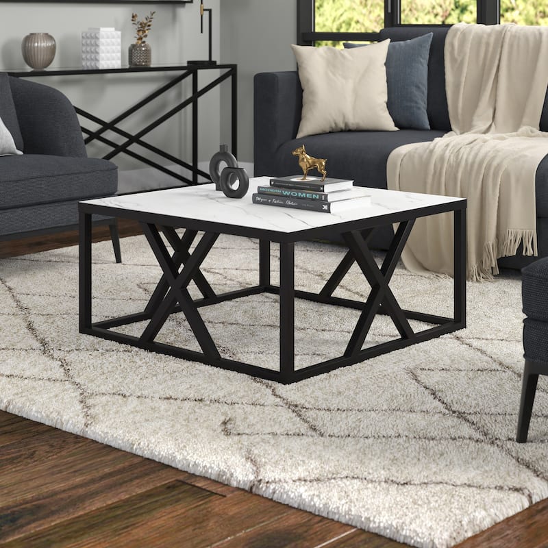 Jedrek 35'' Wide Square Coffee Table with Faux Marble Top - Blackened Bronze/Faux Marble