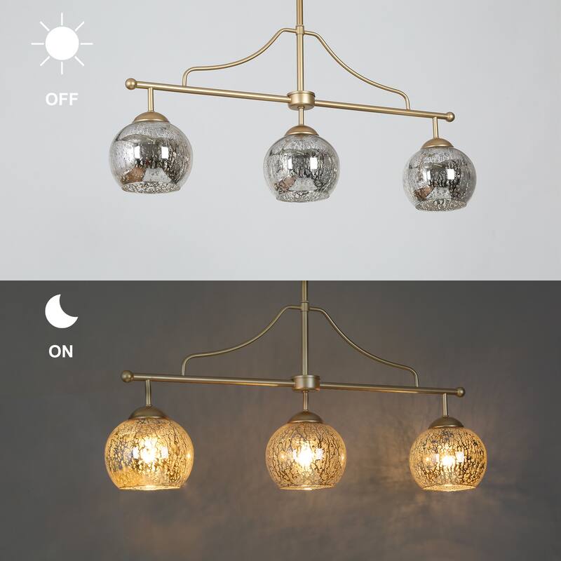 Ziv Mid-Century Modern 3-Light Gold Linear Chandelier Mercury Glass Island Lights for Dining Room - 28.5" L x 5.5" W x 13" H