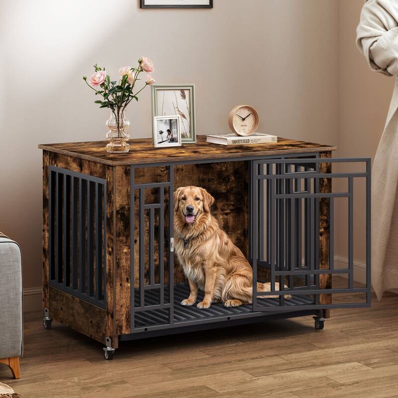 Dog Crate 32"/36" Furniture Wooden Side End Table with Wheels And Tray