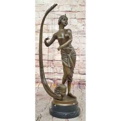 Coudray “Egyptian Harp Player” – Ornate Bronze Sculpture On Marble Base