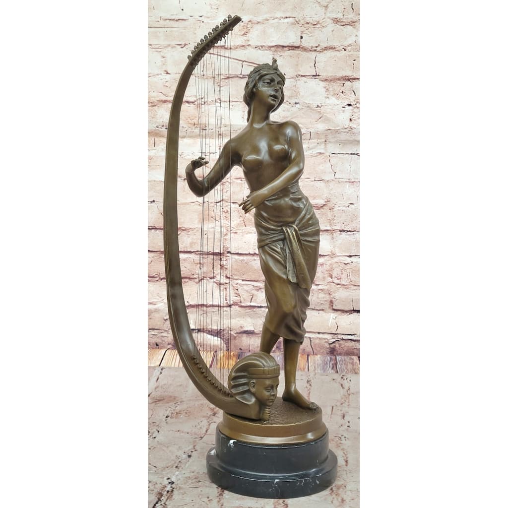 Coudray “Egyptian Harp Player” – Ornate Bronze Sculpture On Marble Base