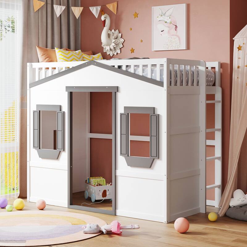 Wooden Twin/Full Size House Loft Bed w/Ladder, Solid Wood Bedframe - White+Gray - Twin