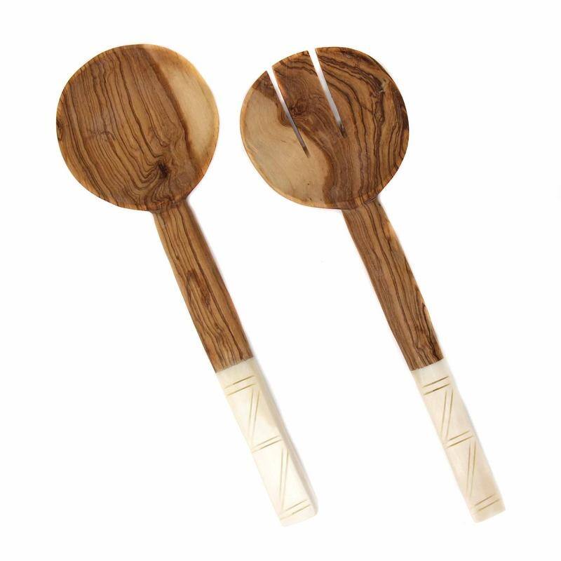 Handmade Olive Wood Serving Utensils with Natural Batik Bone Handles (Kenya)