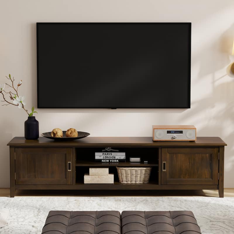 WYNDENHALL Portland SOLID WOOD 72" Wide Transitional TV Media Stand in Mahogany Brown For TVs up to 80" - 17" D x 72" W x 20" H - Mahogany Brown