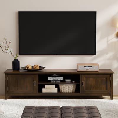 WYNDENHALL Portland SOLID WOOD 72" Wide Transitional TV Media Stand in Mahogany Brown For TVs up to 80" - 17" D x 72" W x 20" H