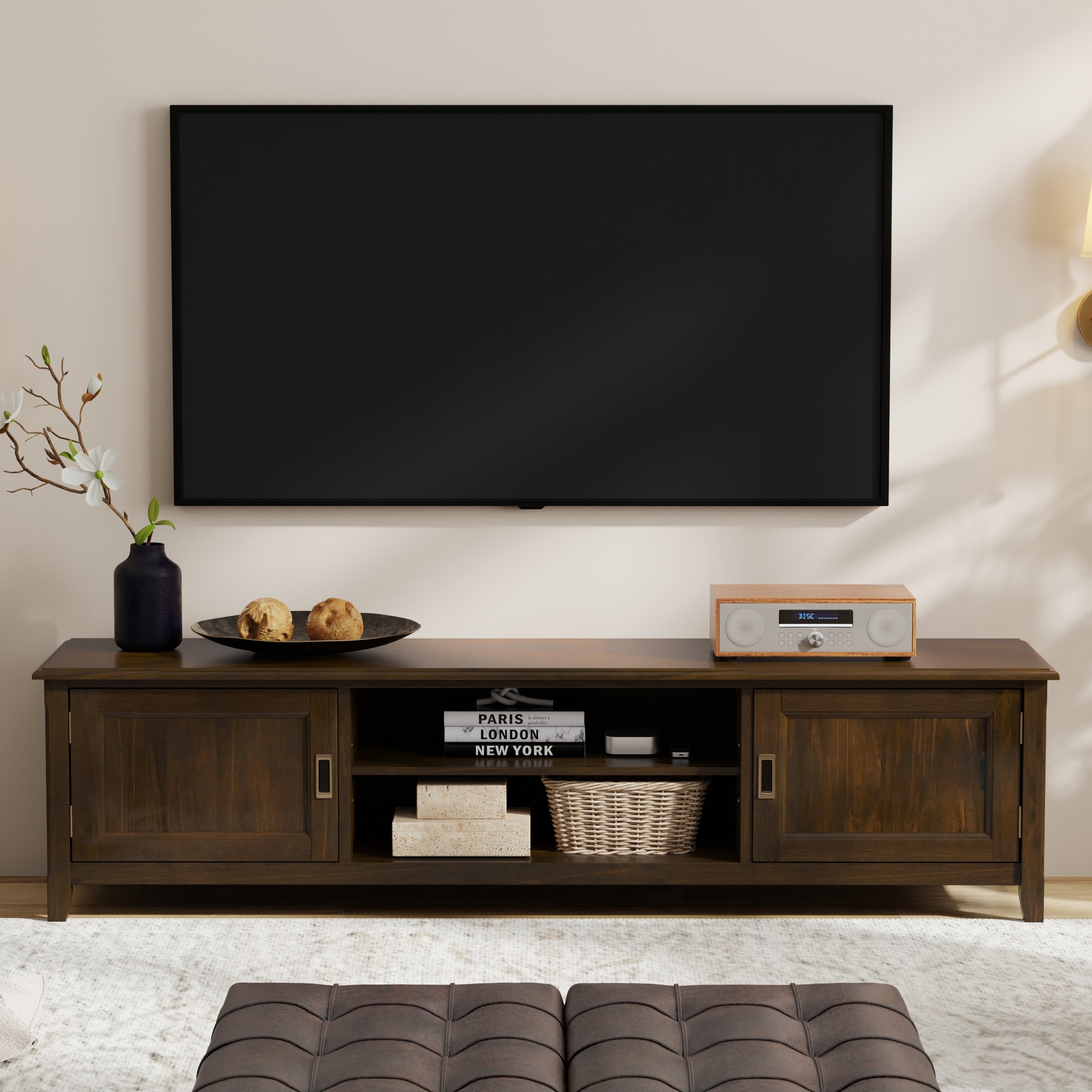 WYNDENHALL Portland SOLID WOOD 72" Wide Transitional TV Media Stand in Mahogany Brown For TVs up to 80" - 17" D x 72" W x 20" H