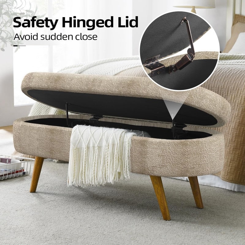 44" Beige Boucle Storage Ottoman Bench for Living Room Bedroom,Oval Storage Bench Ottoman Foot Rest Wood Legs