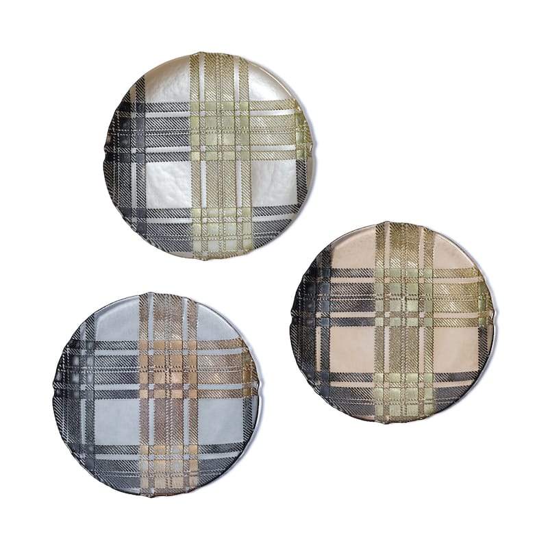 Plaid Patterned Glass Dessert Plates, 3-Piece Assorted Set - Multi