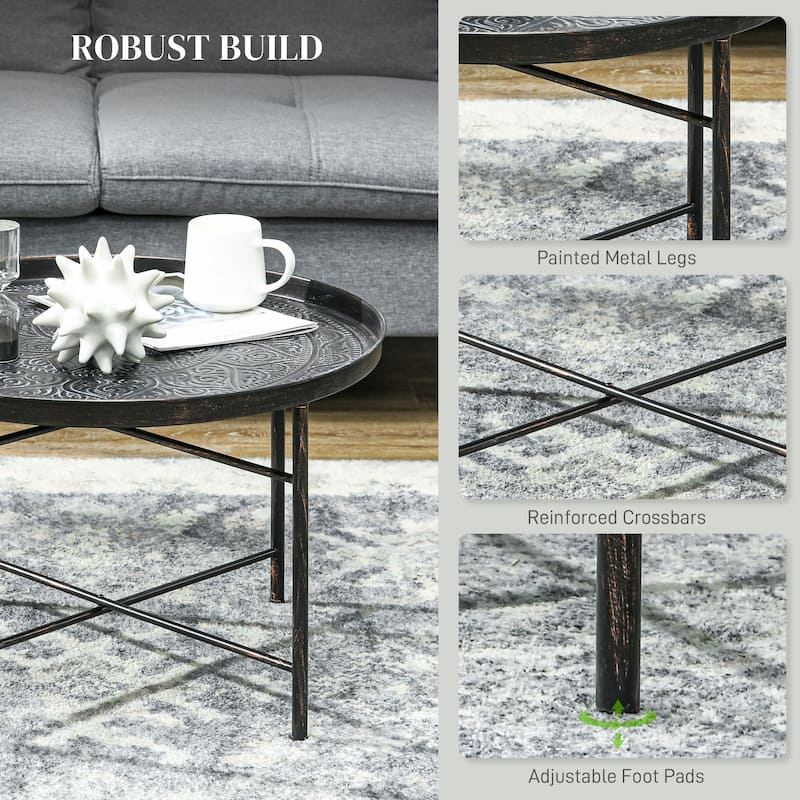 Modern Brushed Metal Coffee Table with Hammered Floral Tray and Adjustable Feet Crossbar Frame - Dia. 24”. x 15.7" H