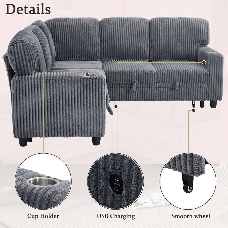 5-Seat Corduroy Storage Sectional Sofa Sleeper Couch with Pull-Out Bed