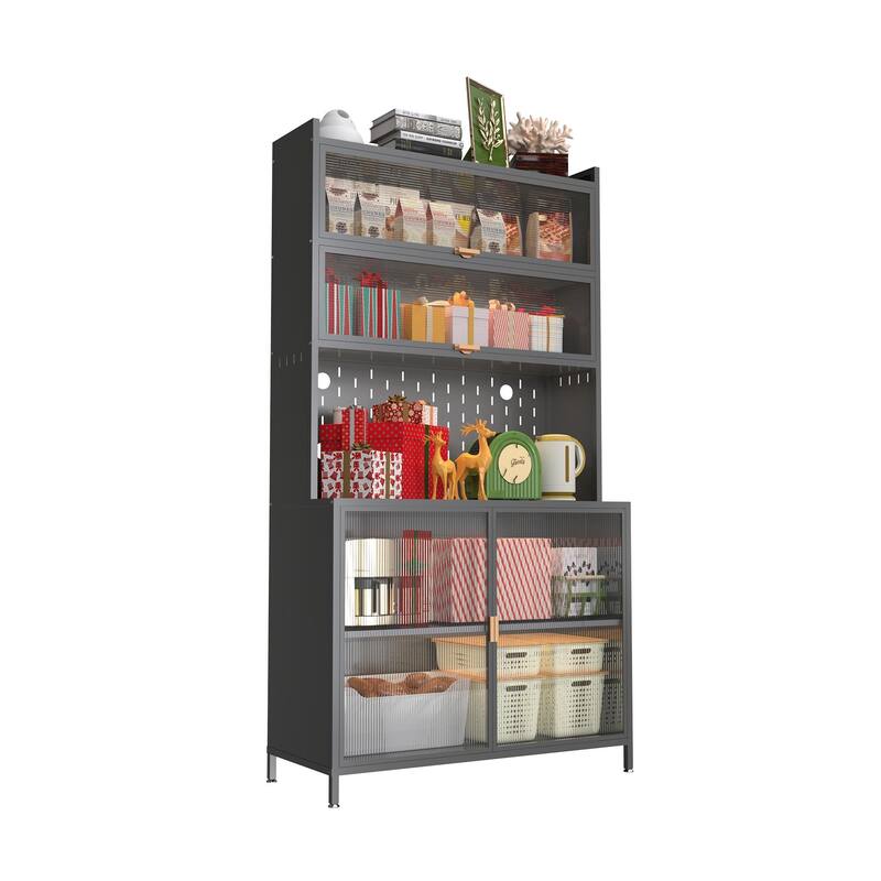 73'' Tall Kitchen Pantry Cabinet,6 Level Flip Door with Pegboard Metal Pantry Storage Cabinet, Anti-Tip Design Hutch