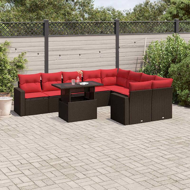 vidaXL 10 Piece Patio Sofa Set with Cushions Black/Brown/Gray Poly Rattan - 24.4 x 24.4 x 27.2 - Brown